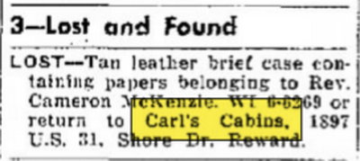 Carls Place (Carls Cabins) - Aug 05 1959 Article (newer photo)